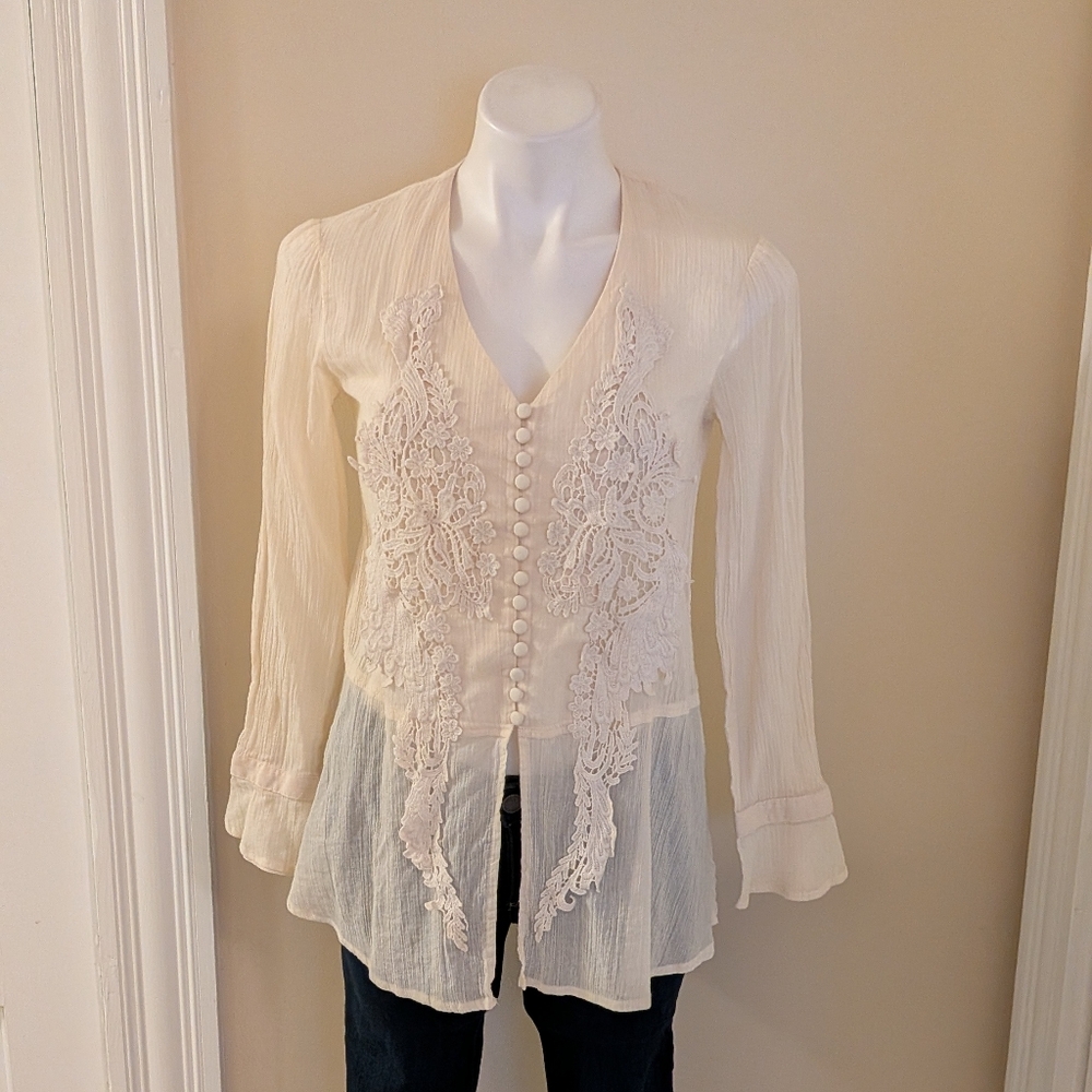 Anthropologie eri + ali cream crepe top with embroidery size XS